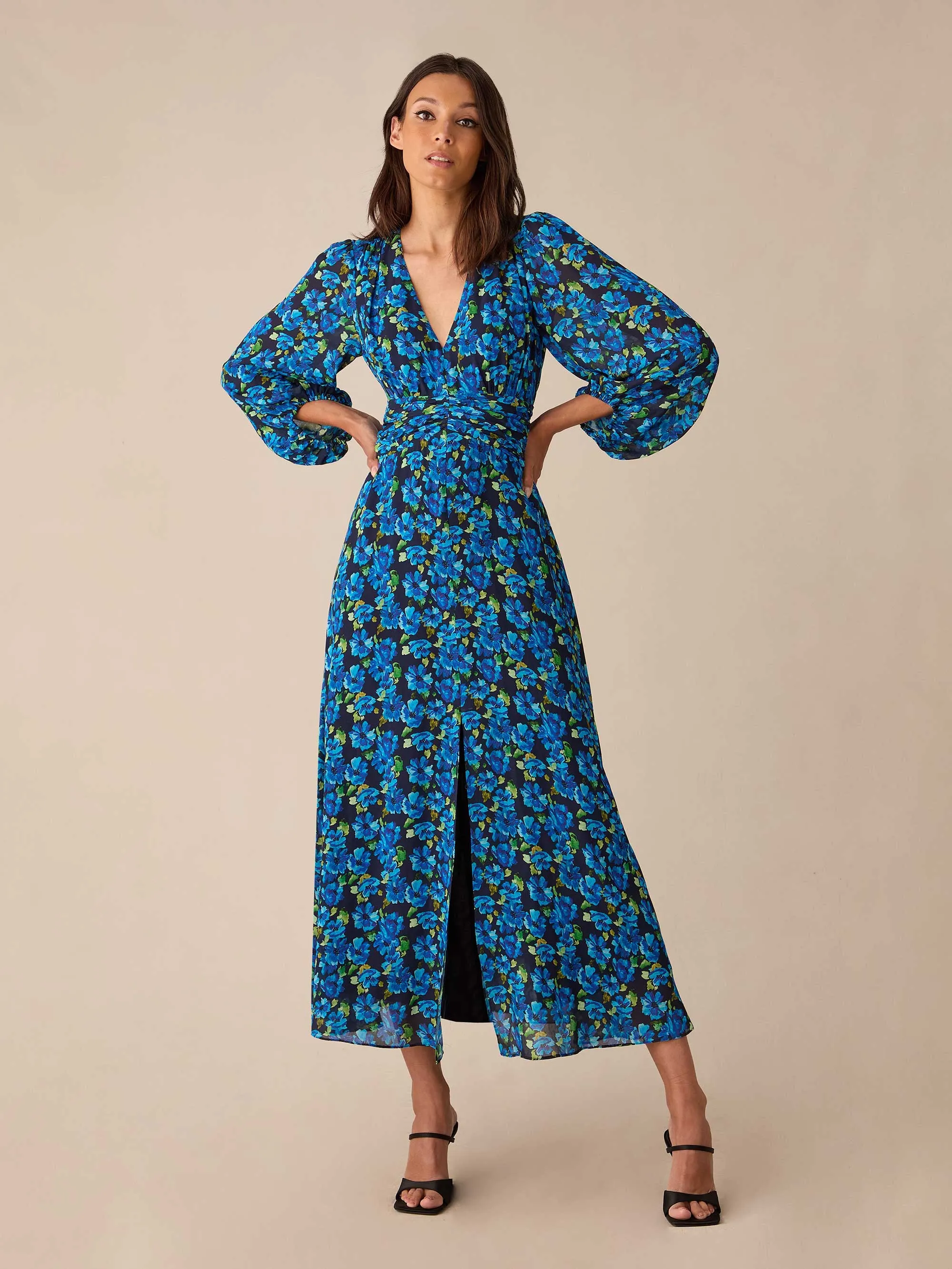 Blue Floral Print Ruched Waist Dress