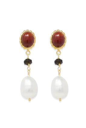 Carnelian, Onyx & Pearl Drop Earrings