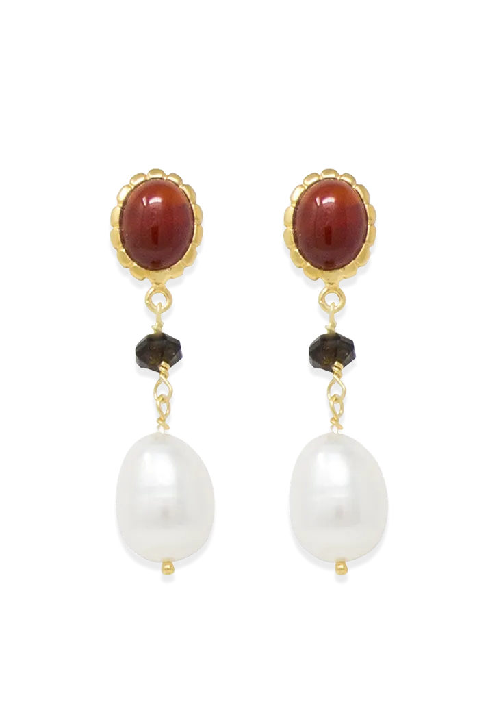 Carnelian, Onyx & Pearl Drop Earrings