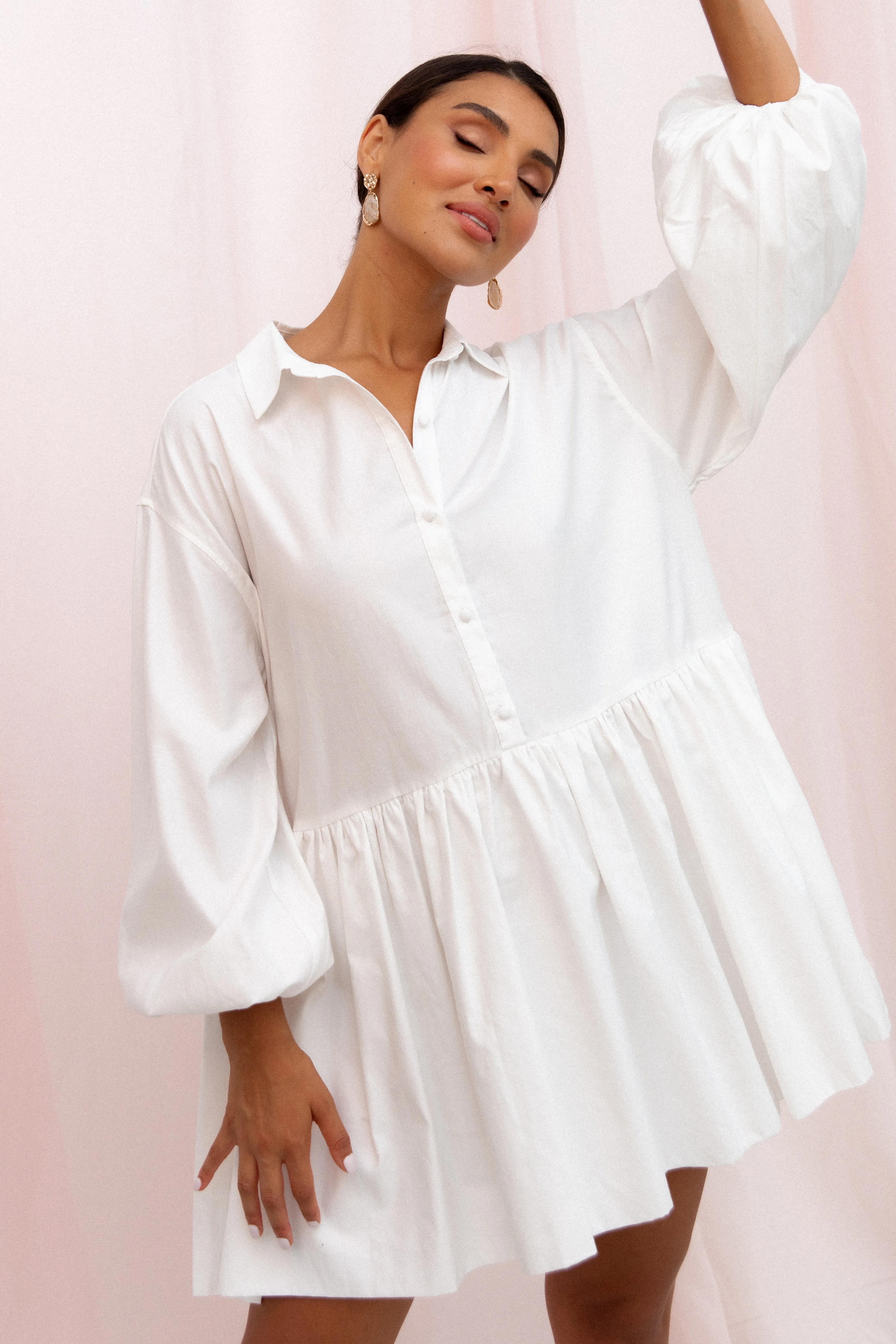 Daisy Long Sleeve Mini Dress - White