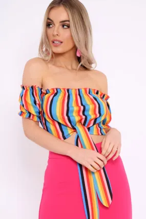 Rainbow Stripe Ruched Bardot Gypsy Crop Top - Katerin