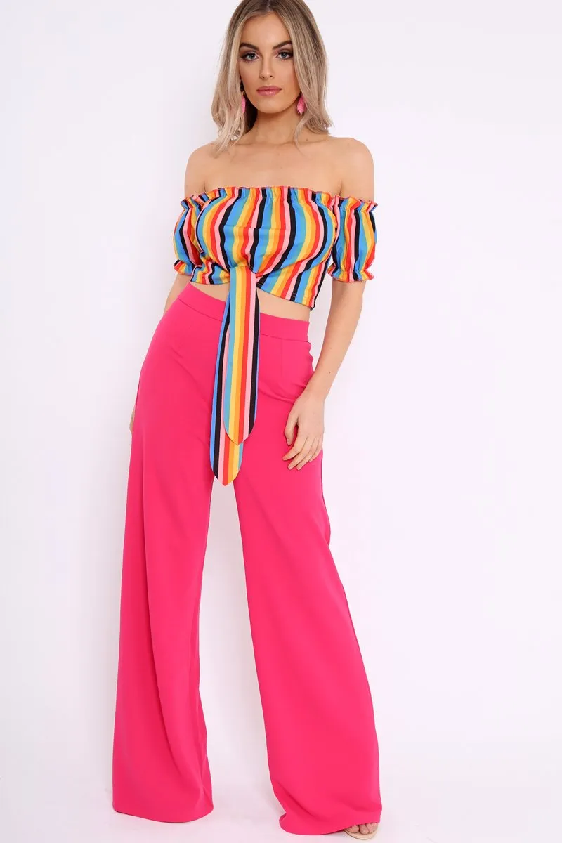 Rainbow Stripe Ruched Bardot Gypsy Crop Top - Katerin