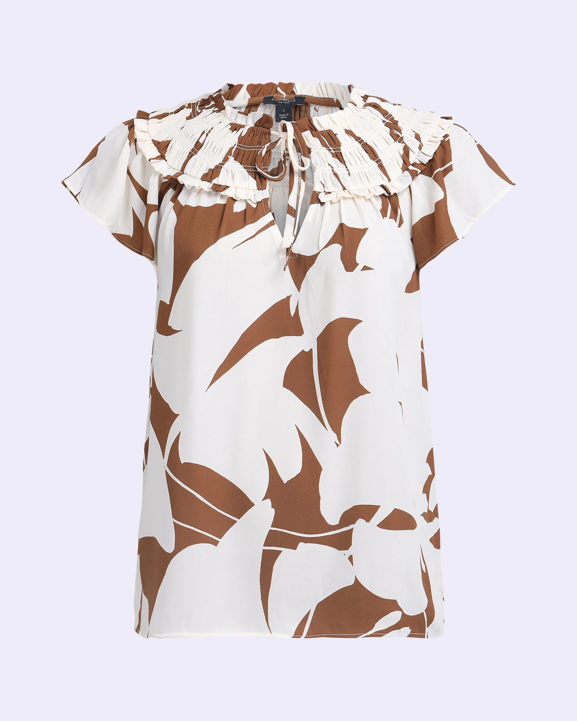 RUCHED NECK PRINTED TOP